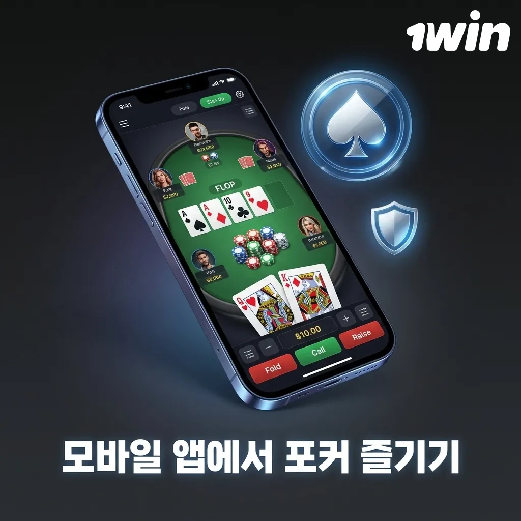 1win 포커 모바일 앱 화면을 보여주는 스마트폰, Android 및 iOS 기기에서 포커 게임 실행 중