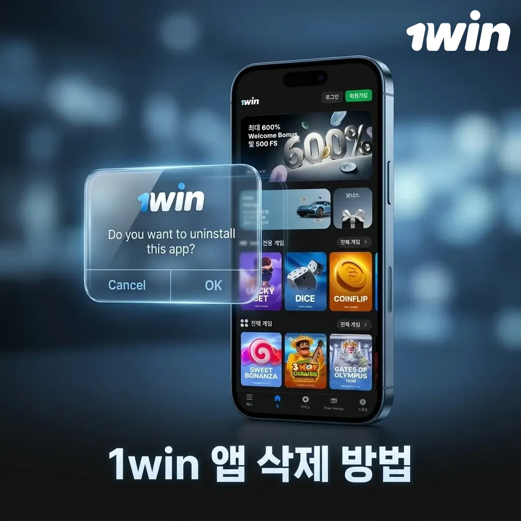 iPhone 홈 화면에서 1win 앱 아이콘을 길게 눌러 삭제하는 방법 안내